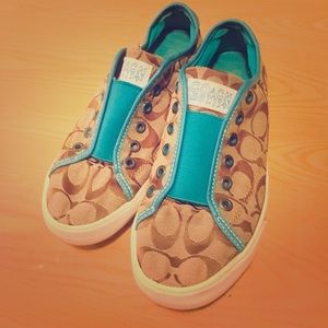 Coach Teal and Beige Slip-on Sneakers
